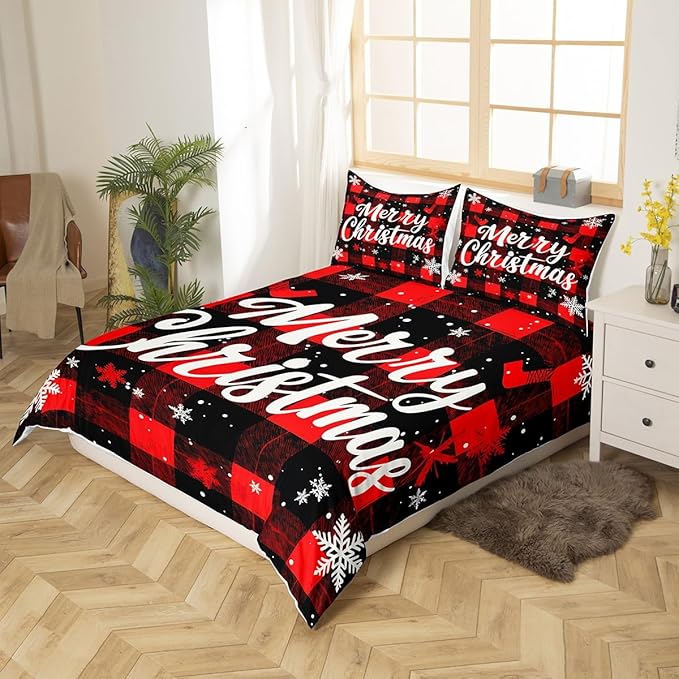 Red Black Plaid Duvet Cover Set Full Size Merry Christmas Bedding Set 3pcs for Kids Boys Teens Western New Year Theme Comforter Cover White Snowflake Print Quilt Cover with 2 Pillowcases,No Comforter