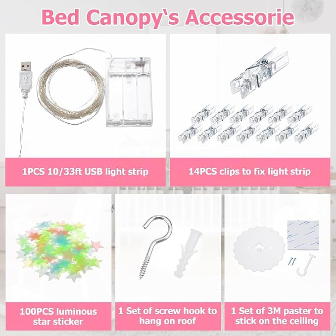 Bed Canopy with Lights, Bed Canopy for Girls Princess with Luminous Stars, Canopy Bed Curtains for Twin to King Size Bed, Baby Kids Adult Indoor Decor Bedroom Reading Nook Outdoor Camping,Purple