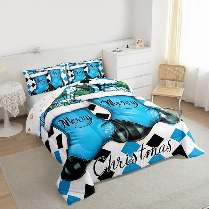 Feelyou Merry Christmas Kids Comforter Set Queen Size Cartoon Shoes Bedding Set Duvet Quilt for Kids Boys Girls Bedroom Winter Decor Microfiber Ultra Soft Breathable