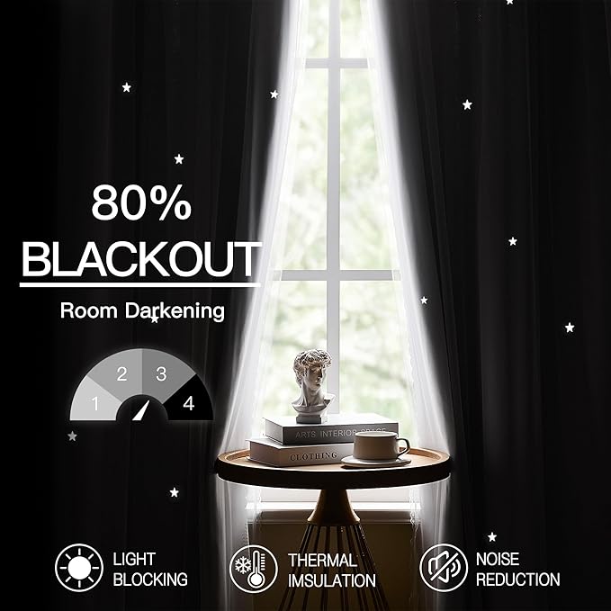 XiDi White Curtains for Girls Bedroom 54 Inches Long 2 Panels Blackout Double Layer Curtains with Sheer Overlay for Kids Princess Nursery Room Star Cut Out Home Decor Grommet Window Drapes W52 X L54