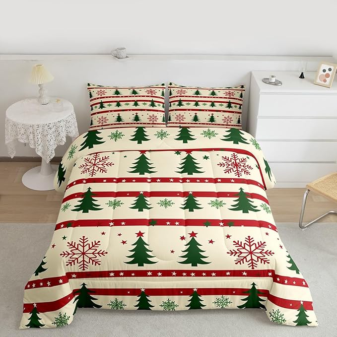 Feelyou Christmas Bedding Set Soft for Boys Girls, Xmas Tree Comforter Set Queen Size Snowflake Star Duvet Quilt Microfiber New Year Theme Bedroom Decor 3 Pcs with 2 Pillow Cases