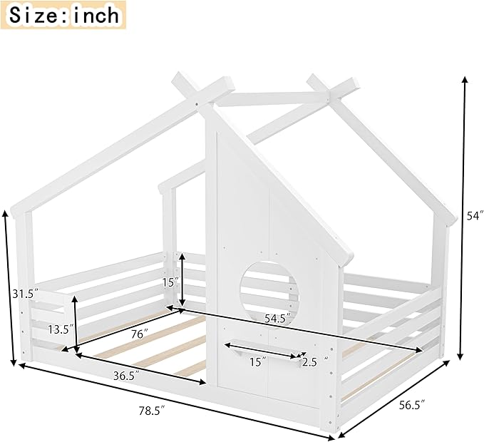 Polibi Full Size Floor Bed with House-Shaped Roof,Window and a Small Shelf, Solid Wood Low Profile Floor Bed for Kids, No Box Spring, White