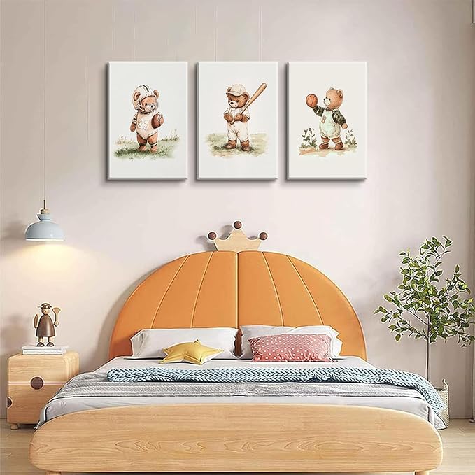 3Pcs Nursery Teddy Bear Canvas Wall Art Vintage Sports Bear Wall Decor Sports Boys'Room Artwork Prints Basketball Football Baseball Painting Pictures for Children's Room Boys' Room (16x24in Canvas)