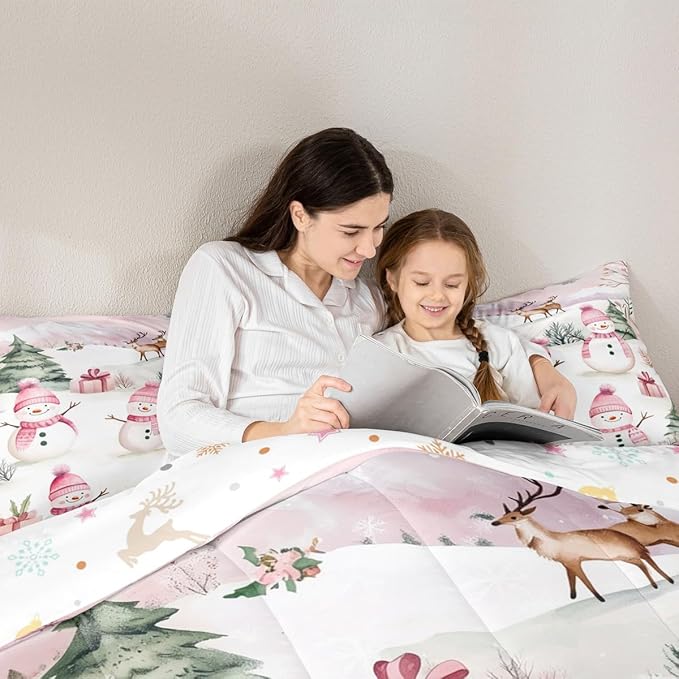 Manfei Merry Christmas Comforter Set Toddler Size,Cute Snowman Pine Trees Deer Bedding Set 2pcs,New Year Theme Down Comforter for All Season,Kids Boys Girls Room Decor,1 Pillowcase,No Sheets