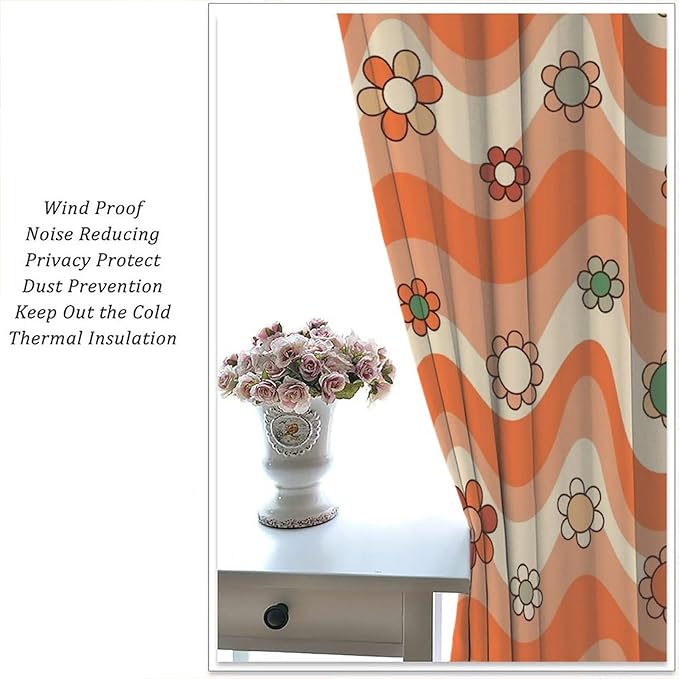70s Boho Retro Curtains for Bedroom,Groovy Vintage Floral Rainbow Window Treatments Drapes for Kids Girls Window 55"" W X 63"" L, Style-6