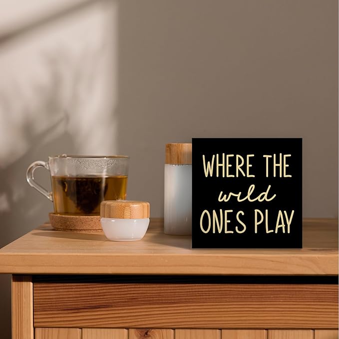 Where The Wild Ones Play Black Yellow Wood Box Sign Desk Decor 5X5, Nursery Kids Room Wooden Block Sign Decorations for Playroom Toddler Room Wall Tabletop Shelf Decor