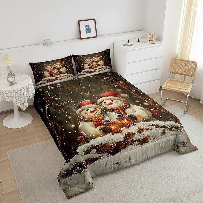 Manfei Kawaii Snowman Kids Comforter Set Full Size,Dead Tree Winter Snow Romantic Bedding Set,Boys Girls Room Decor,Merry Christmas Down Comforter,Black White Duvet Insert,2 Pillowcases