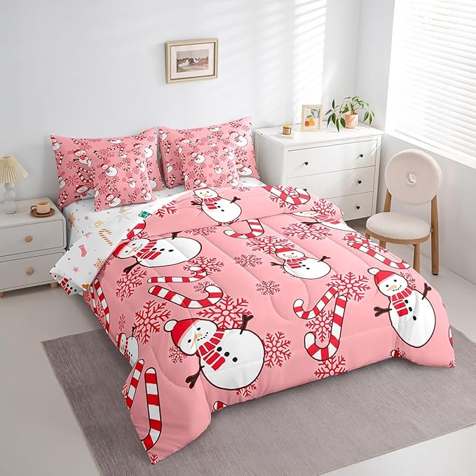 Christmas Kids Bedding Set Cartoon Snowman Comforter Set with Sheets for Boys Girls Snowflake New Year Decor Bed in a Bag Pink Xmas Theme Bed Set 7Pcs Queen Size