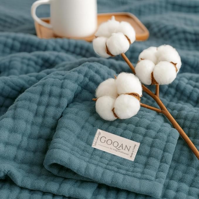 Goqan Throw Blanket 55x60 – 100% Cotton 4 Layer Boho Muslin Blanket for Adults, Lightweight, Soft, Breathable for Bed, Couch, Picnic - Teal