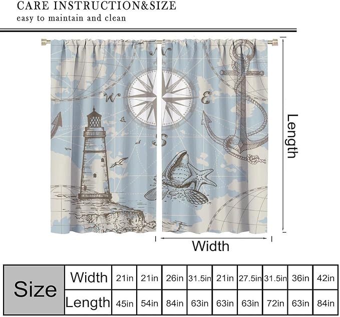 Nautical Costal Curtains, Compass Lighthouse Anchor Sailboat Pattern Blackout Print Home Bedroom Living Room Window Treatments 2 Panel Set 63x63 Inch