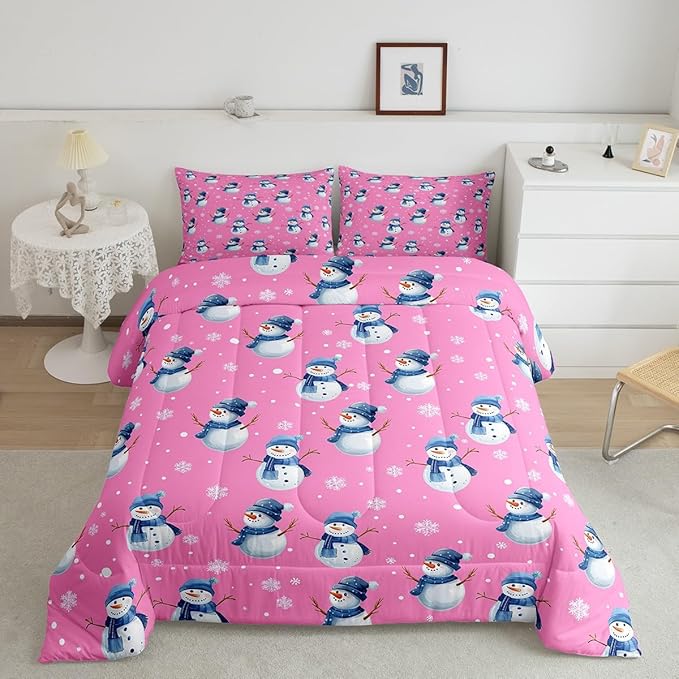 jejeloiu Kids Cute Winter Snowman Comforter Set Full Size Pink Christmas Theme Bedding Set for Boys Girls Teens Xmas Snowflake Happy New Year Duvet Quilt Room Decor