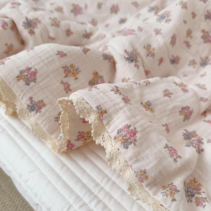 BuLuTu Chic Tuberose Flower Pattern Kids Toddler Girls Quilted Blanket with Lace Edges, 2 Layers Cotton Muslin Comforter Lightweight Pink Blue Floral Toddler Bed Blankets, 47x59 Inches