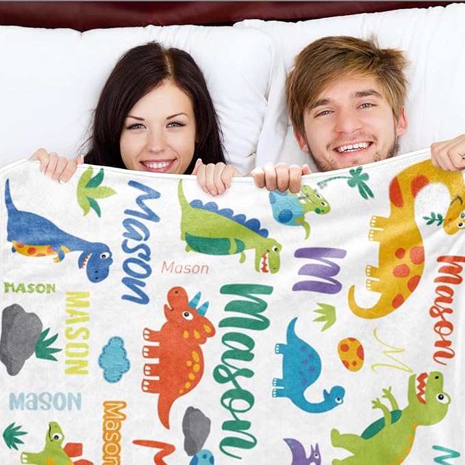Custom Dinosaur Blanket with Name for Boys, Personalized Name Blanket for Kids Dino, Soft Flannel Dinosaur Customized Gift for Birthday Christmas Baby Shower Children Day 40"x50"