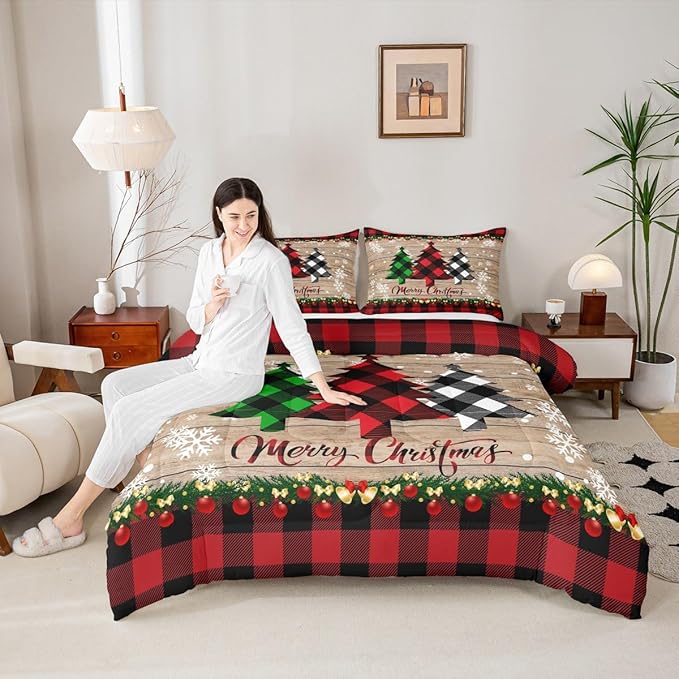 Manfei Plaid Tree Comforter Set Queen Size, Wooden Stripe Print Bedding Set 3pcs for Kids Boys Girls Bedroom Decor, Christmas Theme New Year Quilt Set with 2 Pillowcases