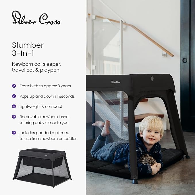 Silver Cross Sleep & Go 3 in 1 Travel Crib - Converts Newborn Bassinet, Crib to Playard - Portable, Lightweight, Easy to Pack with Comfortable Mattress for Infants to Toddlers - Carbon (Sustainable)
