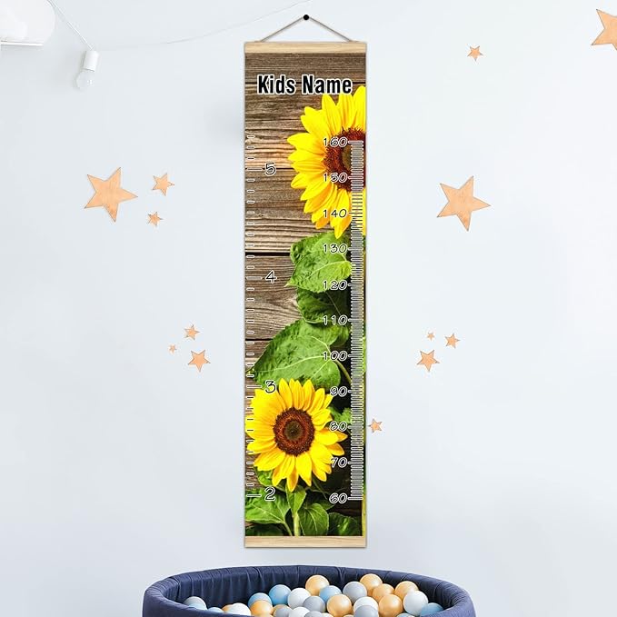 Personalized Kids Name Growth Chart Ruler for Wall Wood Frame Height Measure Chart 13.4x56 in Linen Hanging Height Growth Chart Sunflower and Wood Kids Room Decor
