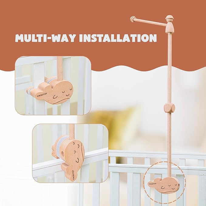 Wooden Baby Crib Mobile Arm, 31 Inch, Solid Beech Wood, 360° Rotatable, Whale Design, Adjustable, Anti-Slip, Mobile Hanger for Crib, Nursery Decor for Boys & Girls, Gift Accessories