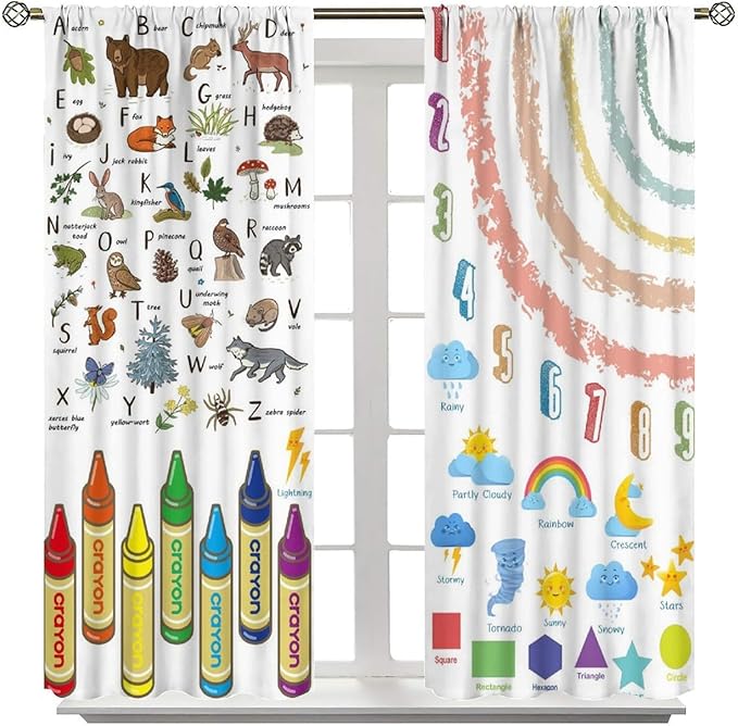 Kids Alphabet Curtain, Funny Cartoon Animal Rainbow Learning, Educational Boys Girls Children Printed Rod Pocket Blackout Window Treatments for Bedroom Living Room Nursery 55" W X 63" L
