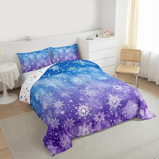 Feelyou Christmas Bedding Set Soft for Boys Girls, Winter Snowflake Comforter Set Full Size Purple Blue Gradient Duvet Quilt Microfiber Bedroom Decor 3 Pcs with 2 Pillow Cases