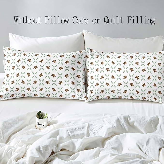 LUVIVIHOME 3PCS Gingerbread Man Duvet Cover King Bedding Set, White Duvet Cover, Teens Boys Girls Kids Bedding, Green Plant Pine Picks Leaves Winter Holiday Christmas Comforter Cover, 2 Pillow Shams