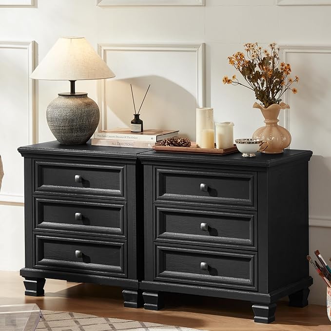 Farmhouse Bedroom Dresser and Nightstand Set of 4, 6 Drawer Tall & 5 Drawers Dresser & 3 Drawer Nightstand Set with Wooden Legs, Rustic Wood Furniture for Bedroom, Hallway, Black