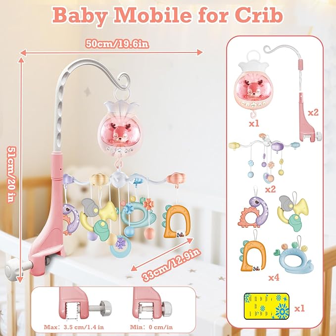 Crib Mobiles for Babies with Music, Rotatable Baby Mobile for Crib with Projection, Timing Function and Baby Rattles Toy, Baby Crib Toys Hanging for Boys Girls 0-12 Months (Pink)