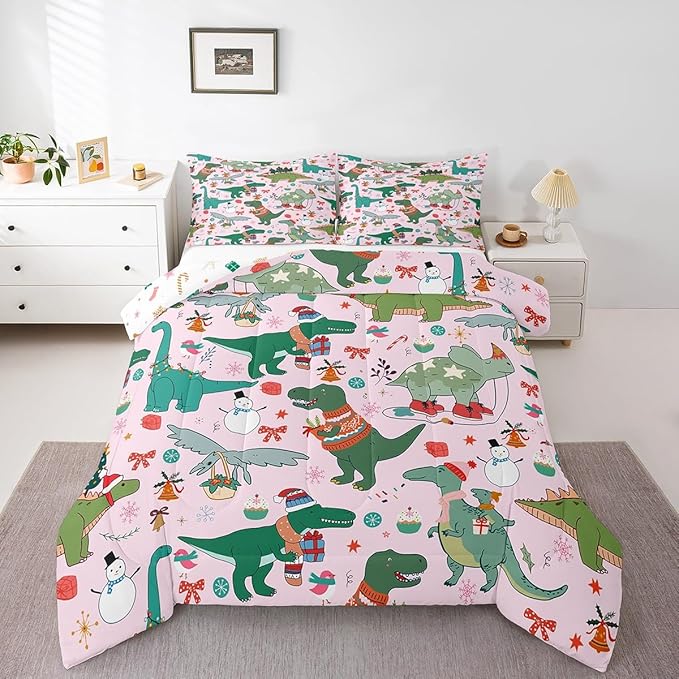Feelyou Christmas Pink Comforter Set King Size for Kids Boys Girls Cartoon Xmas Dinosaur Bedding Set Snowman New Year Decorations Bedroom Quilt Set