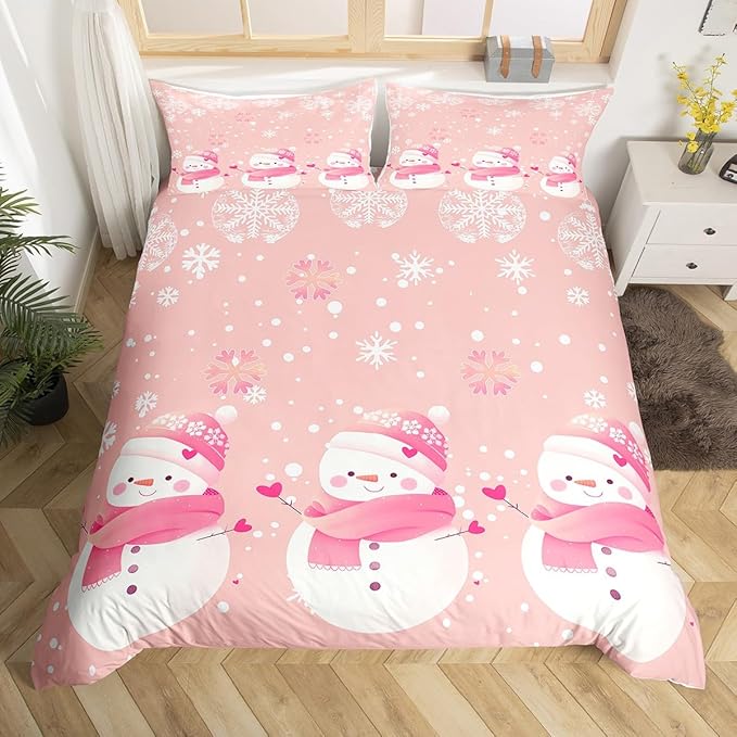 Manfei Kawaii Snowman Duvet Cover Set Queen Size, Cute Pink White Snowflake Comforter Cover with 2 Pillowcases, Christmas Theme Bedding Set 3pcs for Kids Girls Lightweight Bedspread Cover,No Comforter