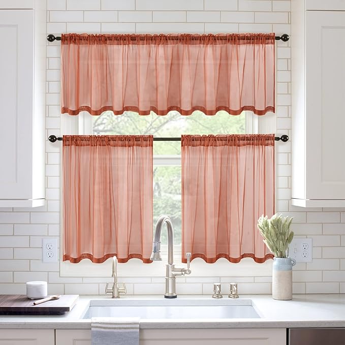 MIULEE Short Sheer Curtains 30 Inch Length for Kitchen Bathroom Cafe Half Window Treatment, Terracotta Rod Pocket Tier Fall Curtains 2 Panels 29x30 Inches Long, Burnt Orange