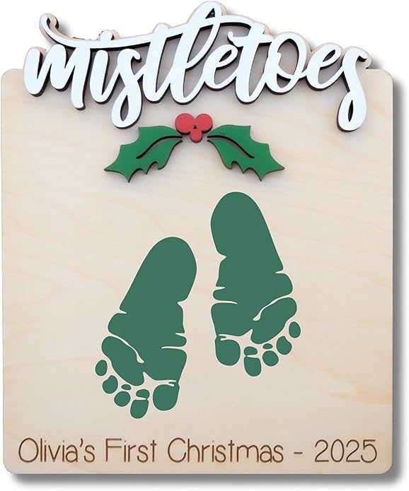 Baby's First Christmas Handprint Art, DIY Footprint Art, Baby's Mistletoes Sign, Wooden Kids Craft, Custom Children's Holiday Keepsake