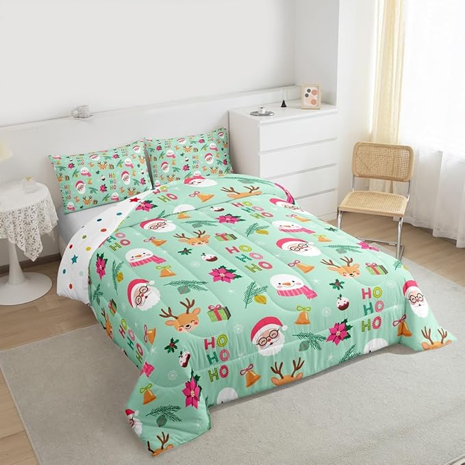 Feelyou Christmas Decor Bedding Set Soft for Boys Girls, Happy New Year Comforter Set Full Size Santa Claus Duvet Quilt Microfiber Bedroom Decor 3 Pcs with 2 Pillow Cases