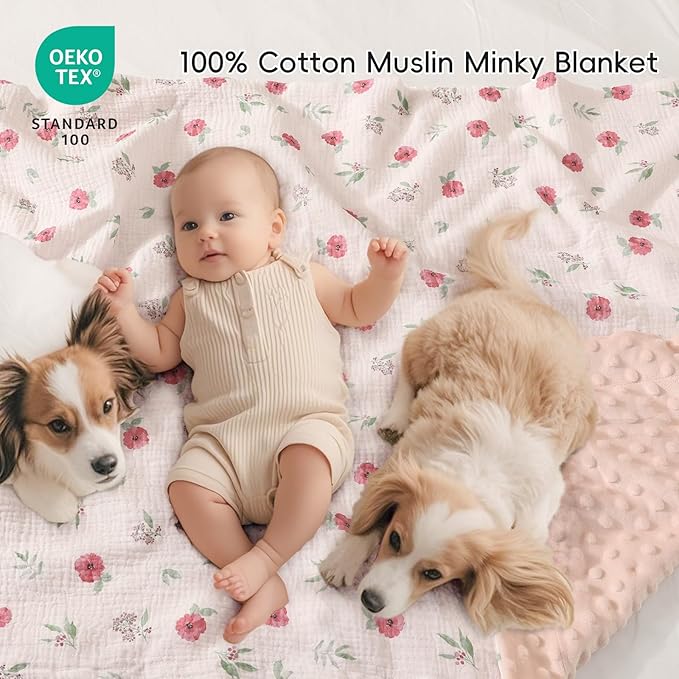 david's kids Muslin Minky Baby Blanket for Girls with Muslin Cotton Front and Dotted Fleece Backing, Breathable and Soft Lightweight Receiving Blanket for Newborns, 30x40 Inches, Pink Floral