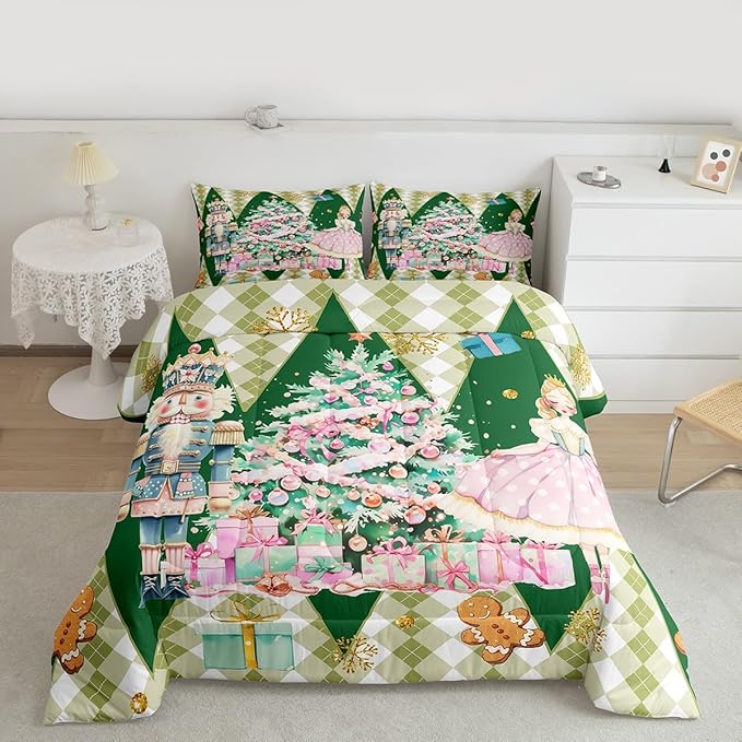 jejeloiu Christmas Nutcracker Comforter Set Twin Size Gingerbread Man Bedding Set for Kids Boys Girls Xmas Tree Duvet Quilt Green Bedroom Decor