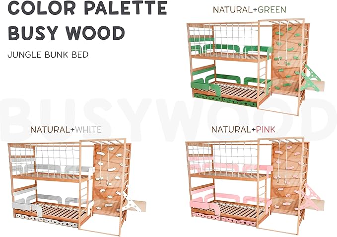BUSY WOOD Montessori Floor Twin Bed with Rails - Smart Kids Bunk Twin Bedframe with Storage - Gym Complex for Kids - Jungle Gym Bed (Bunkbed+Table+2 Drawers (Full Depth))