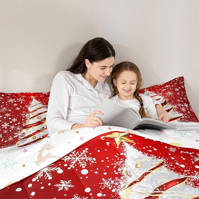 Feelyou Merry Christmas Comforter Set Twin Size Christmas Tree Bedding Set for Kids Boys Girls Snowflake Duvet Quilt Winter Bedroom Decor Microfiber 2 Pcs with 1 Pillow Cases