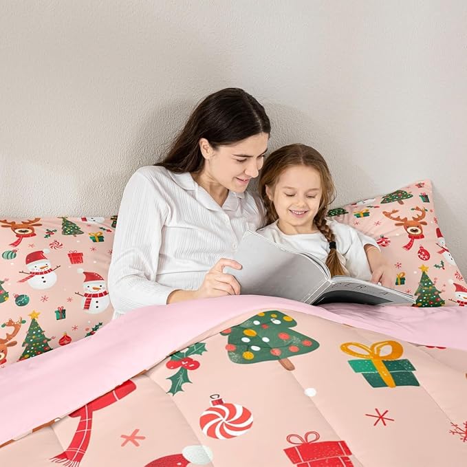 Feelyou Christmas Comforter Set King Size Snowman Bedding Set for Kids Boys Girls Deer Xmas Tree Duvet Quilt New Year Gift Bedroom Decor Snowflake Microfiber 3 Pcs with 2 Pillow Cases