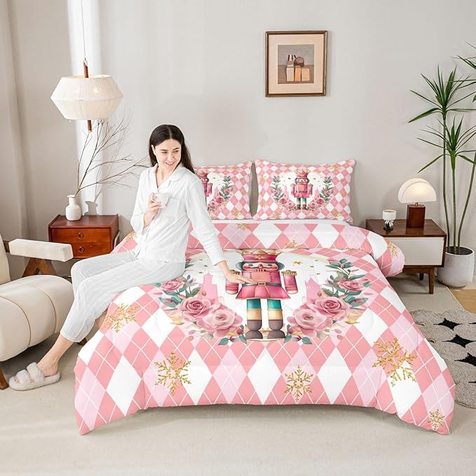Feelyou Christmas Comforter Set Twin Size Pink Nutcrackers Bedding Set for Kids Boys Girls Rhombus Pattern Duvet Quilt Floral Bedroom Decor Snowflake Microfiber 2 Pcs with 1 Pillow Cases