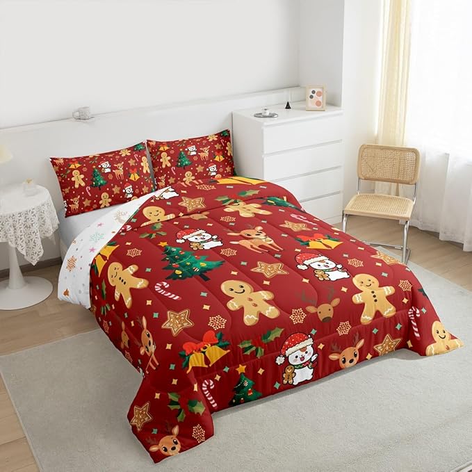 Feelyou Merry Christmas Comforter Set Queen Size Gingerbread Man Bedding Set for Kids Boys Girls Cute Deer Duvet Quilt Christmas Tree Microfiber 3 Pcs with 2 Pillow Cases