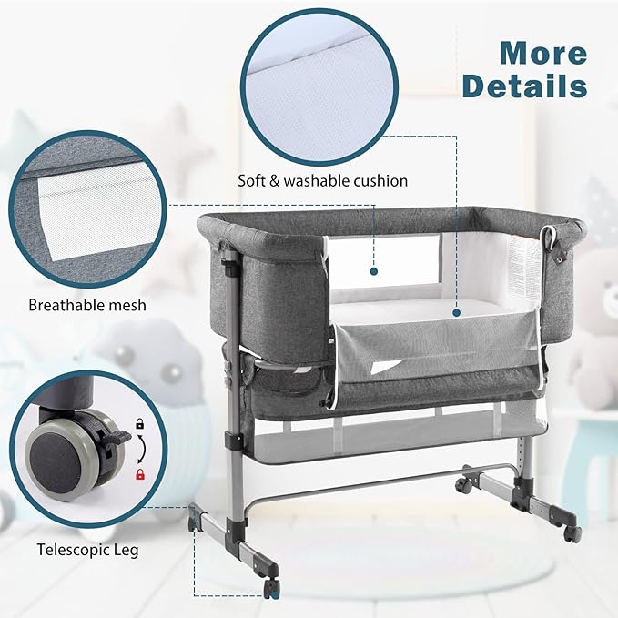 Ihoming Baby Bassinet Bedside Sleeper, Baby Bed Side Crib with Storage Basket, Easy Folding Bassinets, Adjustable Baby Bed for Infant Newborn, Gray