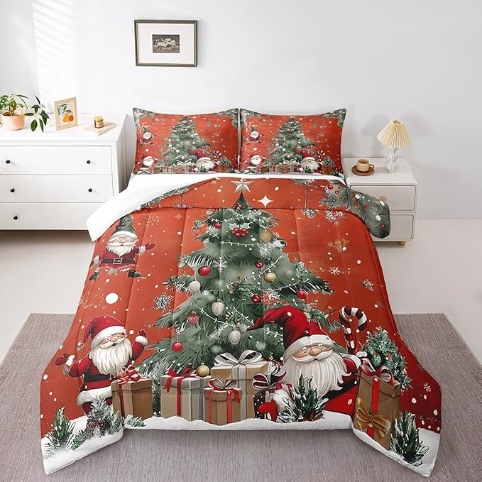 Christmas Theme Bedding Set Full Size,Snowflake Christmas Tree Comforter Set for Kids Teens Adults Room Decor,Santa Claus Red Duvet Insert 3Pcs,X'mas Star Polka Dot Glitter Quilt Set,2 Pillowcases
