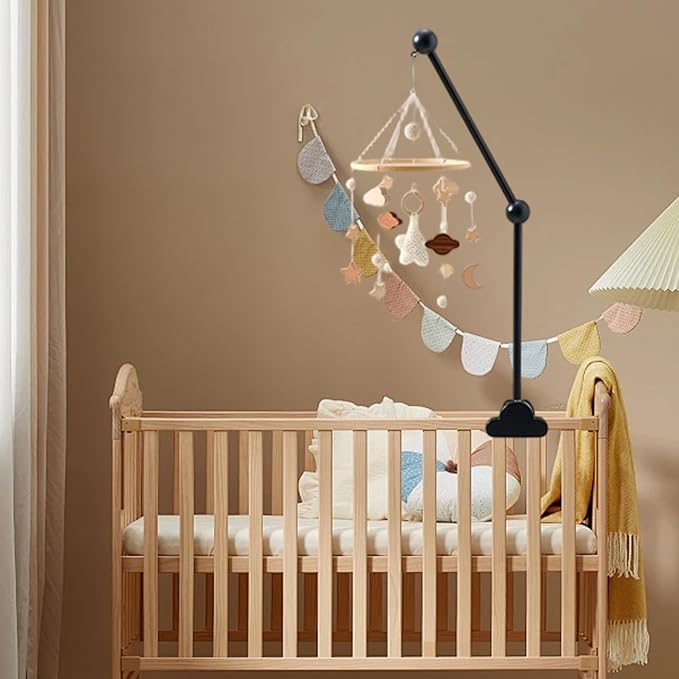 Mobile Arm for Crib Baby Crib Mobile Arm 27.2in Height Wooden Cloud Cot with Adjustable Anti Slip Attachment Clamp Cot Bed Bell Wind Chimes Hanger Bracket