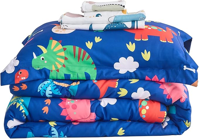 Wajade 7 Piece Kid Boys Dinosaur Comforter Set Twin Size 3D Blue Dinosaur Wild Park Jungle Print Bedding Set with Comforter, Sheet Set, Pillowcase and Sham