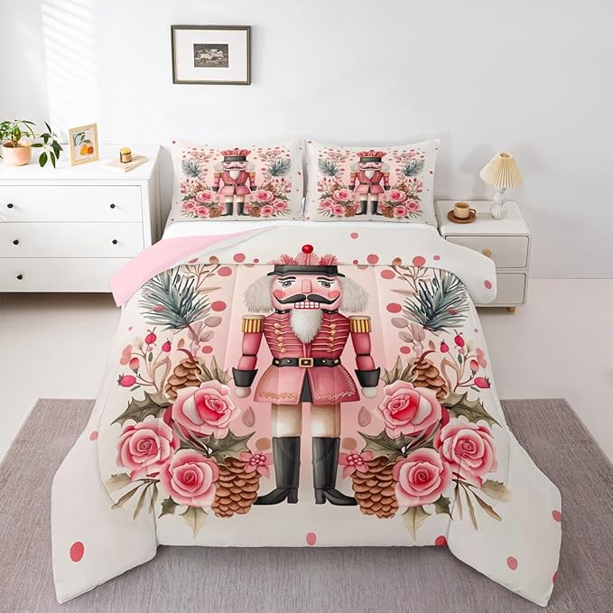 Feelyou Christmas Decor Nutcrackers Comforter Set All Season Pink Christmas Bedding Set with 2 Pillow Cases Funny Nutcracker Kids Full Bedclothes Rose Decor Berries Duvet Quilt Soft Lightweight