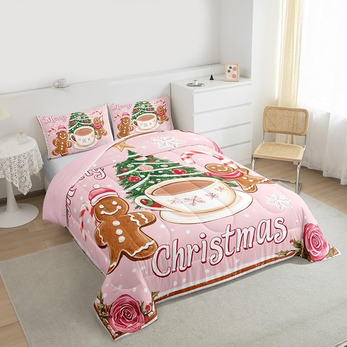 Feelyou Merry Christmas Comforter Set Queen Size Gingerbread Man Bedding Set for Kids Boys Girls Xmas Duvet Quilt Christmas Decor Bedroom Decor Microfiber 3 Pcs with 2 Pillow Cases