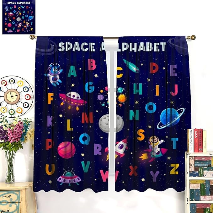 Alphabet Curtains Kids Outer Space Cartoon Universe Planet Educational Learning Curtain with Rod Pocket for Bedroom Nursery Decor Drapes Window Treatments 2 Panels Set 84" W X 84" L