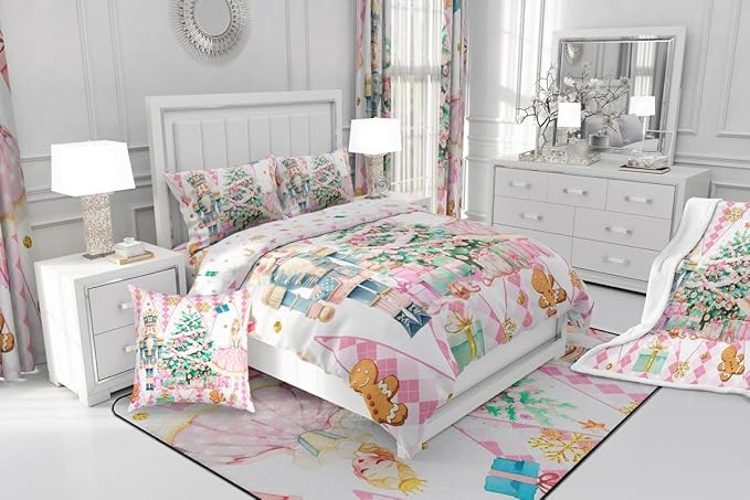 jejeloiu Christmas Nutcracker Comforter Set Queen Size Gingerbread Man Bedding Set for Kids Boys Girls Xmas Tree Duvet Quilt White Pink Bedroom Decor