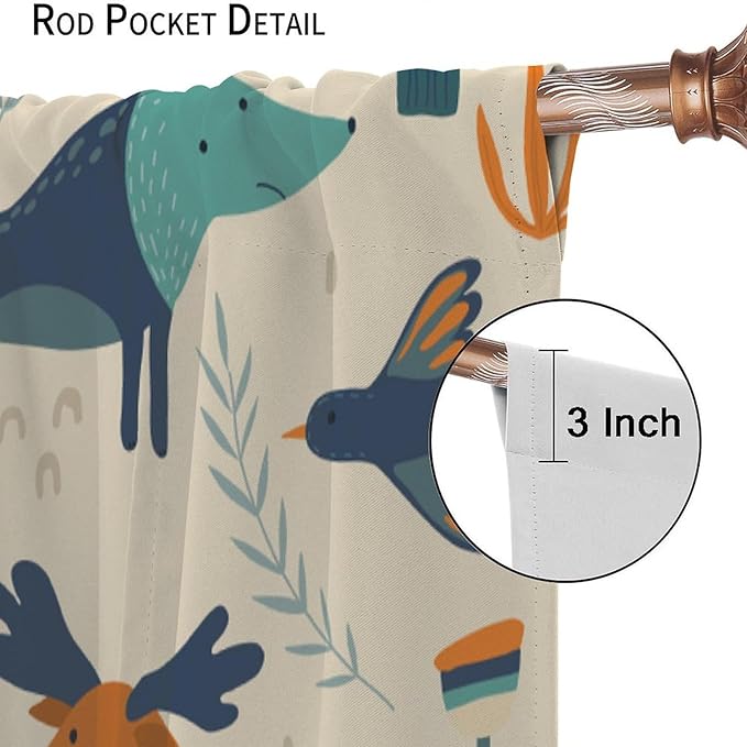 Kids Forest Animal Curtains, Rustic Cartoon Cute Wild Animal Window Treatments Woodland Safari Animal Fox Deer Bear Window Drapes for Girls Boys Nursery Toddler Bedroom 42x54in