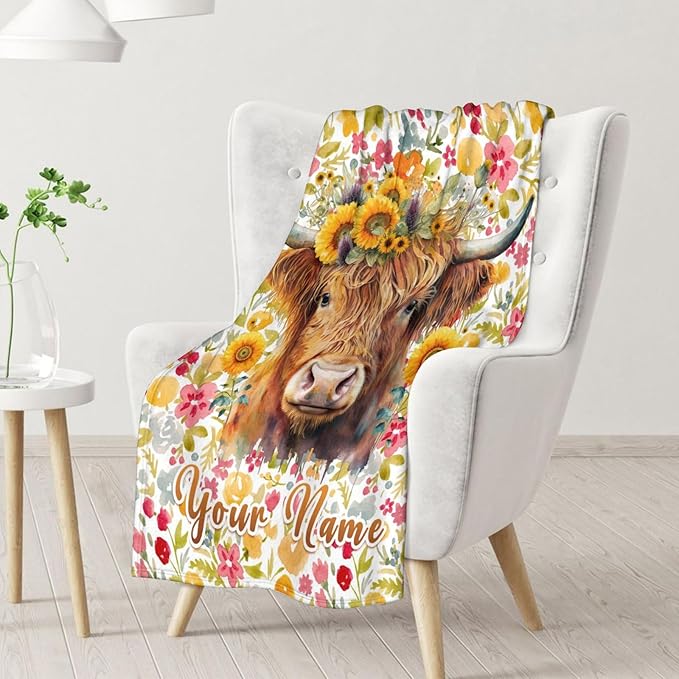 Custom Highland Cow Blanket Gifts with Name - 60x50 Inches Vintage Throw Blanket for Women, Girls - Colorful Soft Fuzzy Blankets for Bed Couch - Gift for Mom Daughter Grandma