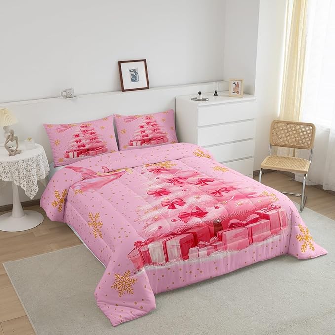 Erosebridal Xmas Tree King Bedding Sets Merry Christmas Comforter Sets for Kids Boys Girls Teens Snowflake Decorations Down Comforter Princess Bow Pink Decor Duvet Insert