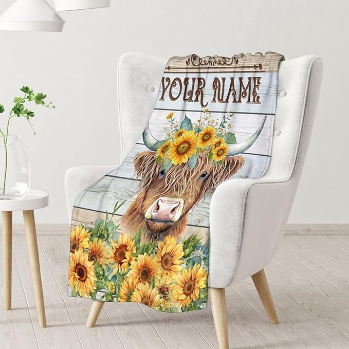 Personalized Highland Cow Blanket Gifts for Kids Boys Girls, 40x30 Inches Cute Throw Blanket for Highland Cow Lovers, Custom Soft Fuzzy Sunflower Blankets for Lap Chair Travel